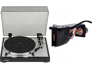 Svart och silverfärgad Thorens-skivspelare med öppet dammlock och närbild på en svart Ortofon 2M-pickup