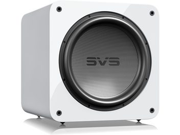 SVS SB-5000 R|Evolution gloss white subwoofer, three-quarter front view with black circular driver