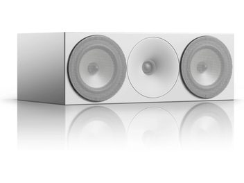 Amphion Argon 5C vit mittkanalhögtalare, frontvy, 2 runda basenheter och 1 diskanthorn, rektangulärt vitt hölje