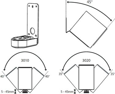 Q acoustics Q3000WB sort højttaler, sort. Tekniske diagrammer med dimensioner i mm og grader. Front-, side- og 45° topvisning