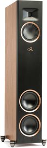 Cassa a colonna Motion F20 con pannello laterale in legno, frontale nero, 3 altoparlanti circolari e piedini metallici