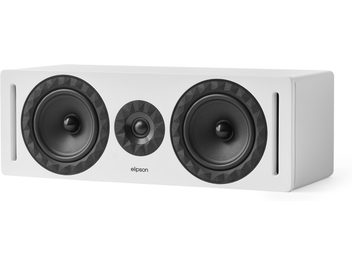Cassa centrale Elipson Prestige Facet II 14C bianca, cabinet rettangolare in MDF liscio, vista di tre quarti anteriore destra, frontale con due woofer neri e un tweeter centrale circondati da anelli sfaccettati neri, condotti reflex verticali alle estremità