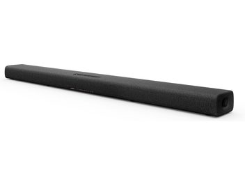 Soundbar Yamaha SR-X40A in grigio carbonio, forma rettangolare allungata, griglia nera sulla parte frontale, vista frontale