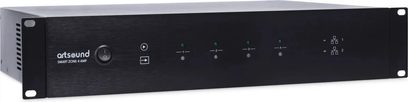 Multiroom eller multi-zone forstærker Smart Zone 4 Amp, set forfra, sort kabinet, 4 grønne indikatorer, 4 grå knapper, 2 sorte knapper
