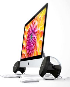 Enceintes Harman Kardon NOVA 2.0 noir, vue de face, écran allumé affichant des formes colorées jaunes, roses et oranges