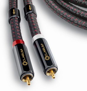 Analog RCA-lydkabel Clarus Crimson RCA 1m med forgyldte stik, sorte flettede kapper med røde mønstre og retningspile