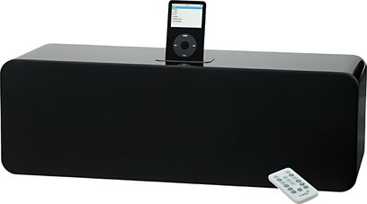 Sort Kanto SYD 5 multimediedockingstation set forfra, LCD-skærm, iPod/iPhone-dock, indbyggede stereohøjttalere