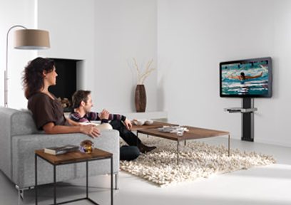 Moderne stue med gråt sofa, træbordplade, hvidt tæppe, gulvlampe og vægmonteret tv, der viser en svømmescene