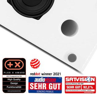 Sonoro Primus SO-340 in brilliant white and silver, front and top view, awarded the Plus X Award and Audiovision in 2021