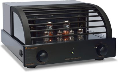 PrimaLuna EVO 200 sort forstærker, frontvisning, 8 rør, vælger, volumen- og strømknapper