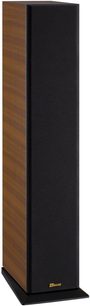 Sloupová reprosoustava Davis Acoustics Vinci 3D ořech, černá přední strana, tmavé dřevěné boky, pohled zepředu s mírným podhledem