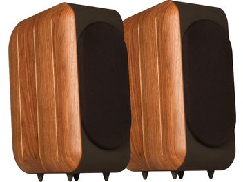 Pair of Chario Aviator Ghibli bookshelf speakers in light grooved wood, black front panel with oval fabric grille, rounded-corner cabinet mounted on spikes, three-quarter view