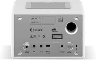 FM- eller digitalt internetbordradio Sonoro Elite hvid blank - sølv bagside med tilslutninger og inskriptioner