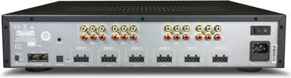 Ampli hi-fi stéréo VSSL A.6X noir, face avant avec 6 zones de connexions RCA dorées, boutons et écran LCD