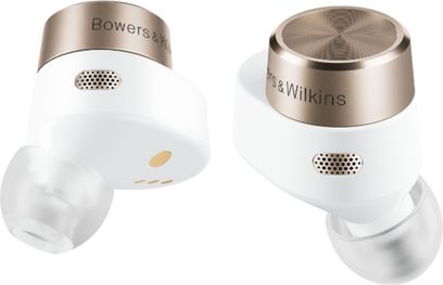 Otevřená hifi sluchátka Bowers & Wilkins PI7 bílá, 3 různé pohledy: zepředu, z profilu a zezadu, bílá povrchová úprava