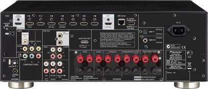 Pioneer VSX-923-K sort hjemmebiografsforstærker, bagside, audio/video-tilslutninger, RCA-stik, HDMI, optisk, koaksial, FM-antenne