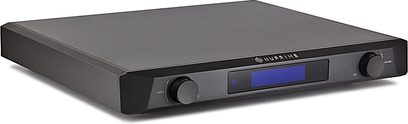 Nuprime Evolution DAC sort, rektangulær sort kabinet, front med blå LCD-skærm og knapper