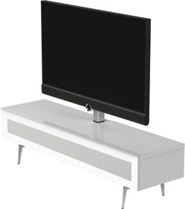 Blizgaus balto lakuoto MDF Sonorous STA361 audio ir vaizdo baldas su pilka priekine dalimi ir keturiomis siaurėjančiomis metalinėmis kojelėmis, matomas iš kairės priekinės pusės trimis ketvirčiais
