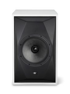 Diffusore da scaffale Mofi Electronics SourcePoint 8 bianco, vista frontale, cabinet bianco e grande altoparlante nero