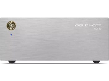 Отделно hi-fi захранване Gold Note PST-10, сребристо, челен панел от матиран алуминий със златно лого и син LED индикатор