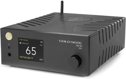 Gold Note DS-10 EVO svart nettverksmusiккavspiller med skjerm som viser "65", dreieskive, hodetelefonutgang og bakre antenne
