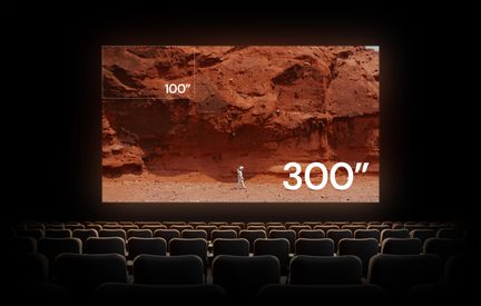 Vedere frontală a unui ecran de proiecție alb, încadrat cu negru, afișând o scenă ocru cu stânci și indicațiile „100’’” și „300’’”, în fața mai multor rânduri de fotolii negre tapițate