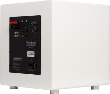 Velodyne VI-Q 12 witte subwoofer, achteraanzicht met zwart aansluitpaneel en cilindrische voeten