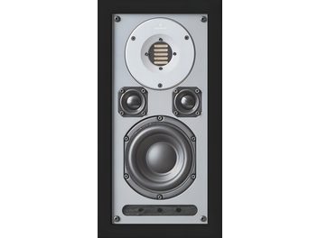 Cassa acustica da incasso a muro AudioVector R INWALL Arreté nera, con cornice in metallo nera e frontale in alluminio spazzolato grigio, vista frontale, dotata di tweeter a nastro circolare, due medi compatti ottagonali, un woofer circolare e una porta reflex rettangolare inferiore con viti a vista