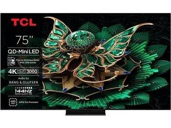 TCL 75C7K -mustakehyksinen ohutreunainen metallirakenteinen 75 tuuman Ultra HD -televisio, jossa huomaamaton keskijalusta ja vihreä-kultainen kuvio näytöllä, edestä katsottuna