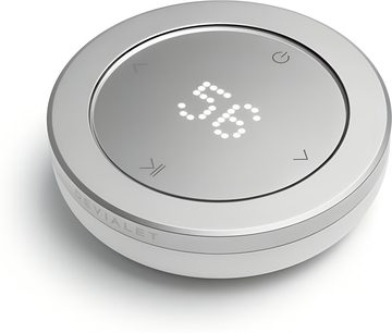 DEVIALET REMOTE round remote control with silver metal finish, central 56 LED display, arrows and power symbol, oblique view