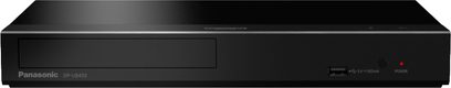 Panasonic DP-UB450 4K Blu-ray-afspiller, set forfra, rektangulær sort form, blank frontpanel, rød tænd/sluk-knap, diskskuffe