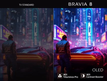 Sammenligning af BRAVIA 8 OLED-skærm, venstre MØRK STANDARD-TV, højre klare blå neonlys, mand set bagfra og futuristisk bil