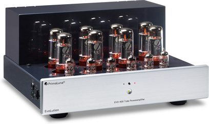 Amplificatore di potenza PrimaLuna EVO 400 argento, vista frontale, 8 valvole luminose allineate sulla parte superiore, pannello frontale argentato