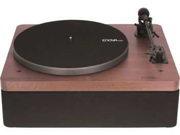 Plattenspieler Enova HIFI VELA VP4, Sockel aus Holz, schwarze Platte, Tonarm und Drehknopf rechts, Frontansicht