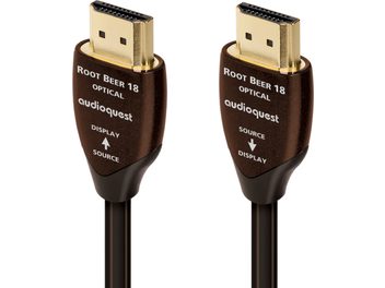 Δύο επιχρυσωμένα αρσενικά καλώδια HDMI Audioquest Root Beer 18Gbps, με σκουρόχρωμα καφέ περιβλήματα και μαύρα καλώδια