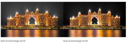 Dubais Atlantis Hotel oplyst om natten, facade prydet med arabiske mønstre, refleksioner i vandet, med og uden 3LCD-teknologi