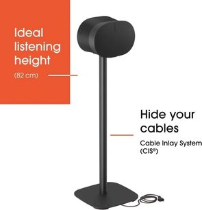 Suporte de coluna Vogel's SFS 4133 preto com coluna Sonos, haste fina e base quadrada com cantos arredondados