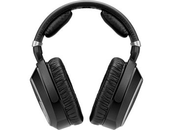 Odprte žične hi-fi slušalke Sennheiser RS 195-U, pogled od spredaj, črne blazinice, oblazinjen naglavni trak, pravokotne ušesne školjke