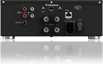 Cabasse ABYSS sort satineret stereo hi-fi-forstærker, set forfra, med stik og kontroller i nærbillede