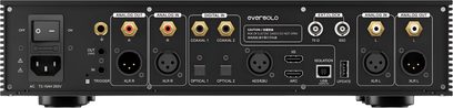 Conversor de áudio EverSolo DAC Z-10, gabinete metálico preto, vista traseira, portas XLR/RCA, coaxial/óptica, USB, HDMI, tomada IEC