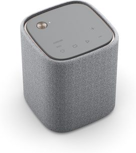 Enceinte sans fil connectée Yamaha WS-X1A gris clair, finition Argent, vue de dessus en gros plan, forme rectangulaire arrondie