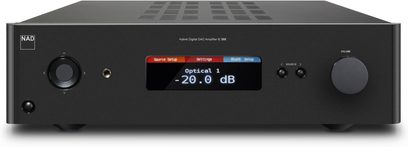 Amplificatore hi-fi NAD C388 grafite, pannello frontale opaco con texture, display LCD rosso, manopole rotanti e pulsanti quadrati neri