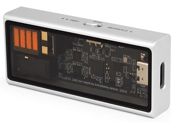 Hoogwaardige hoofdtelefoonvoorversterker M15C, rechthoekige metalen behuizing, transparante voorkant die printplaten en connectoren onthult