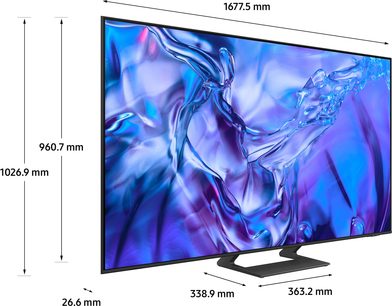 TU75DU8575 2024 højdefinitions-TV, trekvartersperspektiv, sort skærm, dimensioner 1677,5 mm x 960,7 mm x 26,6 mm