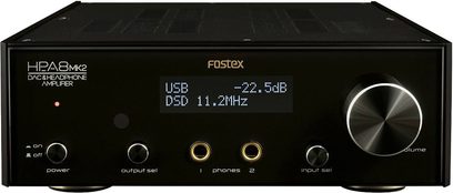 Fostex HP-A8 MK2 sort hovedtelefon-forstærker, frontvisning, digitalt display, knapper og stik på forsiden
