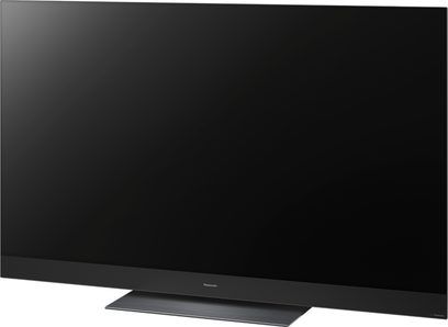 Panasonic TX-65HZ2000E fladskærms-TV, rektangulær sort skærm slukket, set lidt fra siden forfra, på fod