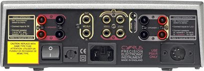 Cyrus 8 Power forstærker sølv, bagside, stereo og mono lydstik, kontakter, sikring, strømstik