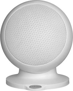 Compacte luidspreker Alcyone 3 mat wit, vooraanzicht, bolvormig, geperforeerd rooster, ronde voet, logo zichtbaar onderaan