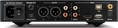 Nuprime Alita Sølv audio DAC-konverter, bagside, analoge og digitale lydstik, kontakt, nærbillede
