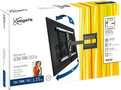 Vægbeslag til fladskærm fra Vogel's THIN 345 sort, drejelig og vippelig, til ultratynde TV'er op til 65 tommer, på gul emballage
